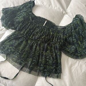 Free People Green and Black Sheer Blouse